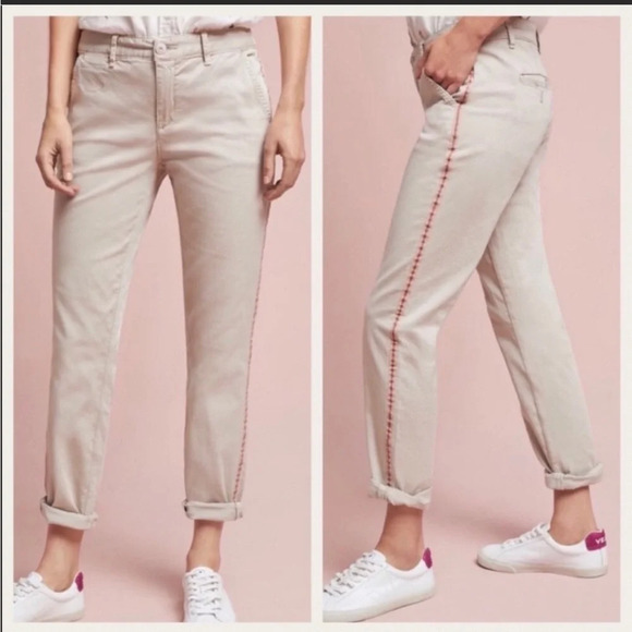 NWT new Anthropologie relaxed stripe chino pants pink ribbon 32p 32 petite beige - Picture 1 of 15